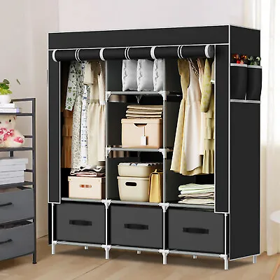 Triple Canvas Wardrobe With Hanging Rail Shelving Clothes Storage Cupboard 2024 • £33.99