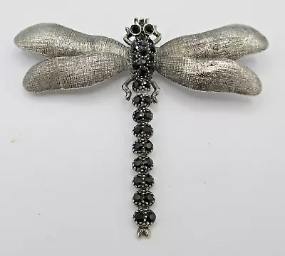 Vtg SIGNED JHS DRAGONFLY Brooch REPAIR PIN CLOSURE Black Silver Tone Winged Bug • $11.55