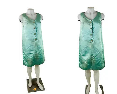 VTG 60s Mod Womens Medium Blue Satin Embellished Button Shift Dress GoGo Mad Men • $66.74