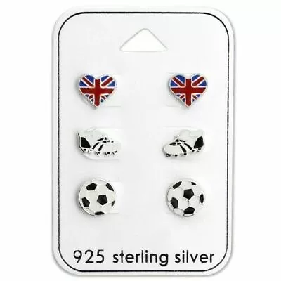 925 Sterling Silver Stud Earrings Football Heart Union Jack England Set • £13.95