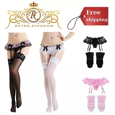 Womens Sexy Lace Garter Belt Panties & Sheer Stockings Lingerie Nighties Set NEW • $17.87