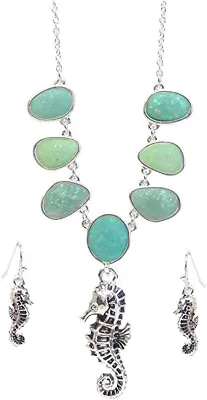 Multi Seaglass And Seahorse Pendant Necklace And Earrings Set For Women • $19.95