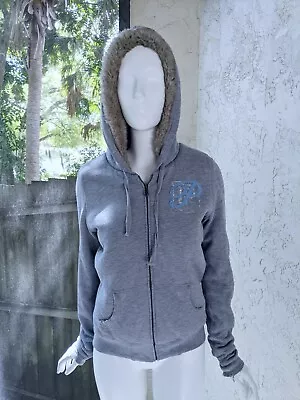 Vintage Victoria Secret Pink Distressed Gray Thick Hoodie Faux Fur Lined Small • $49.95