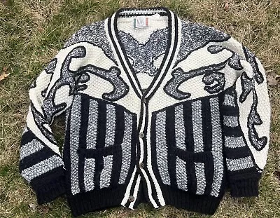 NOVO Vintage Chunky Knit Cardigan Size XL Sweater Mohair Wool Blend Abstract GEO • $30