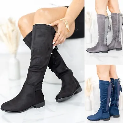 Ladies Womens Fashion Knee High Low Heel Boots Tassel Zip Stretch Flat Sze 3-8 • £24.99