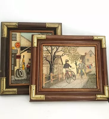 H. Hargrove Signed Oil Painting Set Of 2 Love Boy Girl Bicycle Gasoline Car Wash • $100