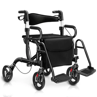 $153.95 • Buy Folding Medical Rollator Walker Aluminum Transport Chair Adjustable Handle Black