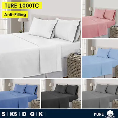 $56.80 • Buy 100% Cotton Percale All Size 1000TC 4pc Flat Fitted Sheet Set | Anti-Pilling