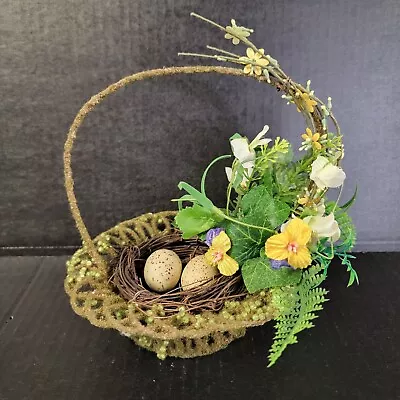 VTG Flocked Metal Easter Basket With Spring Flowers Speckled Eggs In Nest 7  • $15