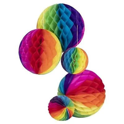 5 Pack Rainbow Coloured Honeycomb Pom Pom Hanging Party Pride Decorations • £7.99
