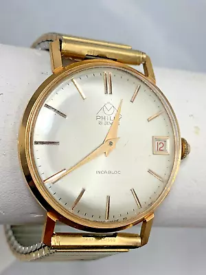 Vintage 18k Solid Gold Swiss Philly Incabloc Date 21 Jewel Wrist Watch • $495