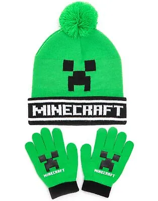 Minecraft Kids Bobble Hat Gloves Set Creeper Knitted Beanie Gamer Gift One Size • $18.99