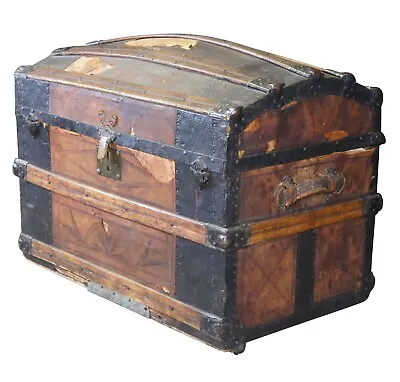 Antique 19th Century Victorian Tooled Leather & Oak Dome Top Steamer Trunk Chest • $850