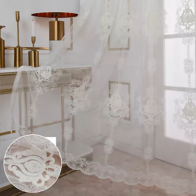 1/2 Panels Embroidered Lace Screening Curtains Yarn Voile Net Valance With Pearl • £21.71