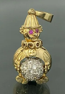 9K Solid Yellow Gold W/ Pink Gemstone & CZ Clown Spinning Pendant 6.70g • £253.10