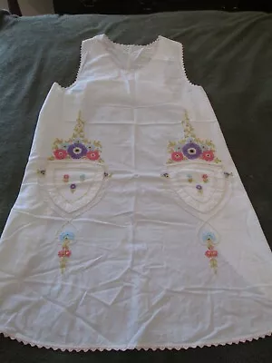 Vintage Cotton Homemade  Full Length Apron Embroidered Beautiful Flowers  Trim • $20