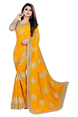 $43.82 • Buy Indian Women Georgette Designer Party Wear Saree With Unstitch Blouse_Yellow