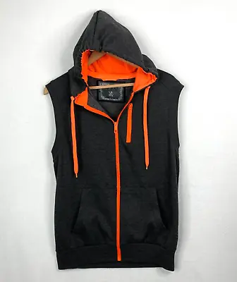 FUSAI Men's Zip Up Hooded Hoodie Vest Large Gray/Neon Orange Zip Chest Pocket • $22.95