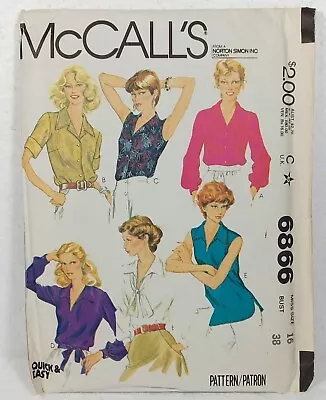 McCalls EASY Button Front Or Pullover Blouse Sz 16 Bust 38 6866 Pattern Vtg 70s • $6