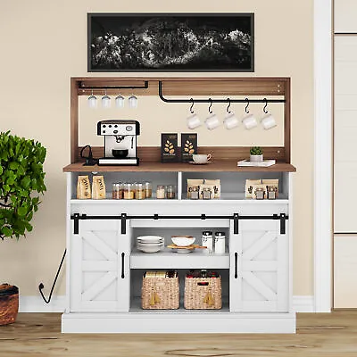 47  Farmhouse Coffee Bar Cabinet Sideboard Buffet Cabinet W/Sliding Barn Door • $174.79