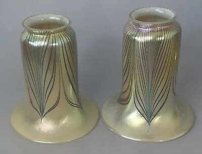 Pair Of Large Trumpet 3.25  Favrile Shades  Gold Feather  Carl Radke Design  • $800