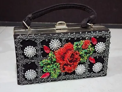Vintage CARON OF HOUSTON HAND CRAFTED BEADS ROSE OF TEXAS BOX PURSE • $121.87