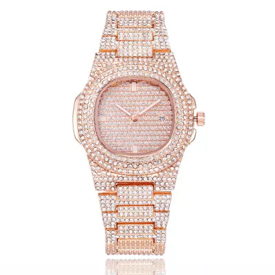 Men's Luxury Iced Watch Bling Full Rhinestone Date Luminous Quartz Wristwatch • £9.76