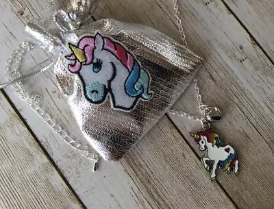 Girls Rainbow Silver Unicorn Heart Necklace Pendant 17' Chain & Free Organza Bag • £3.90