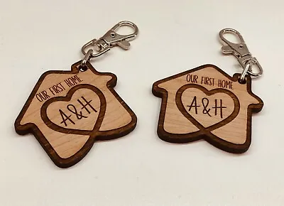 Personalised Set Of 2 Our First New Home Cherry Wood Keyrings House Warming Gift • £4.95