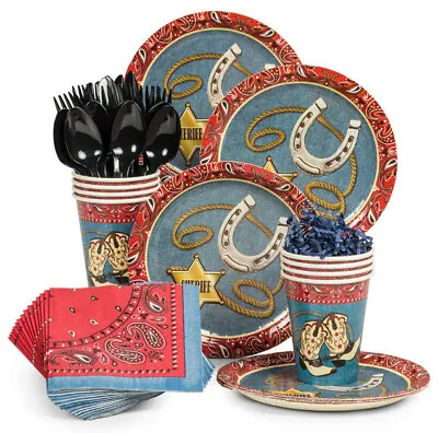 WESTERN COWBOW Birthday Party Kit 8 Guests Plates Napkins Cups Tablecloth • £16.38