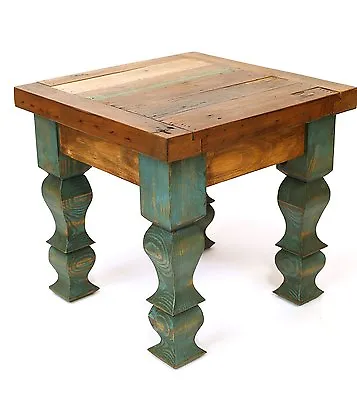 Rustic End Table -Turquoise-Mexican Folk Art-18x18x22 In-Old Doors-Antique • $329.97