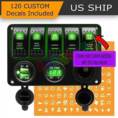 Green LED 5 Gang ON-OFF Toggle Switch Panel 2 USB 12V Car Boat Marine RV Truck • $29.95