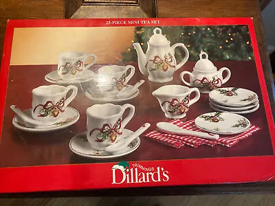 Dillard's Trimmings 25 Pc CHRISTMAS Holly & Ribbon PORCELAIN MINI TEA SET - NIB • $29.99