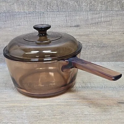 Vintage Corning VISION Ware Pyrex 2.5 L Amber Glass Pot Sauce Pan With Lid - USA • $28.99