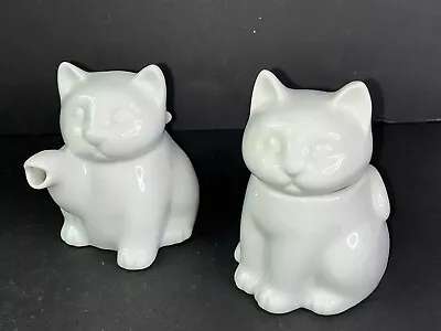 Pair White Cat Cream & Sugar Set Ceramic HIC Tail Handle Spoon 4 Pieces JAPAN • $29.99