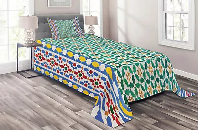 Moroccan Quilted Coverlet & Pillow Shams Set Colorful Mosaic Wall Print • $59.99