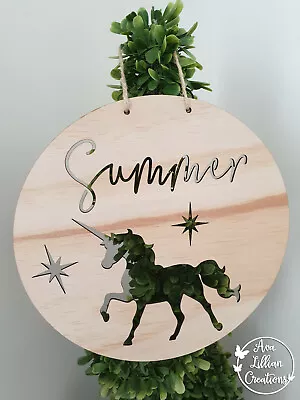 Personalised Wooden Name Wall Door Plaque Sign Nursery Baby Round Girl Unicorn • $25