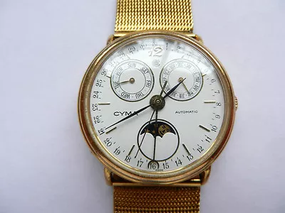 18K GP Swiss Cyma Triple Date Moonphase Mechanical Automatic Bracelet Watch Box • $1150