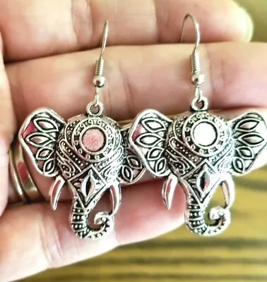 Silver Elephant Earrings Large Dangle Earrings Bohemian Indie Elephant Jewelry • $18