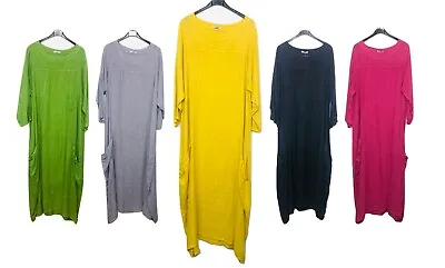 Ladies Italian Quirky Lagenlook Plain Linen Casual Maxi Dress Plus Size Up To 26 • £34.99