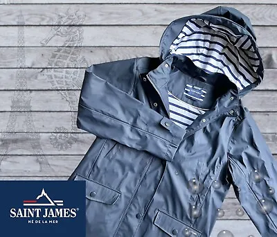 SAINT JAMES Sz M 10 Raincoat Hooded Waterproof  Jacket Navy Striped STE MORGANE • $92.99