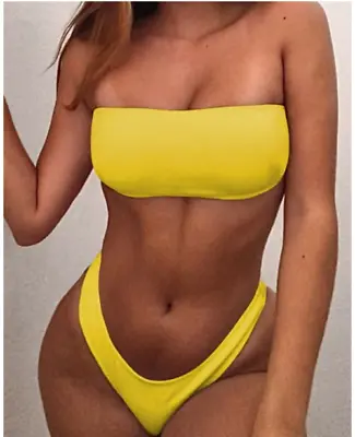 Zaful High Cut Ribbed Bandeau Bikini Set Yellow Size 6 US 2044 • $9