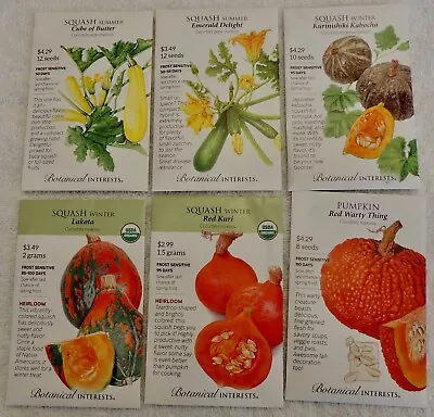 Lot Of 6 BOTANICAL INTERESTS SEEDS ~ SQUASH & PUMPKIN • $11.99