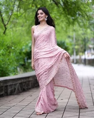 $73.02 • Buy Light Pink Sari Indian Ethnic Wedding Wear Georgette Saree Lehenga Wrap Dress