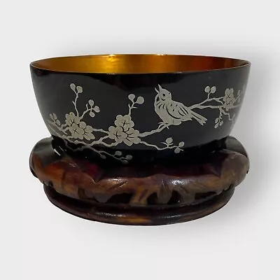 Vintage Chinese Black Lacquer Bowl With Pedestal Goldfish Butterfly Bird Branch • $19.99