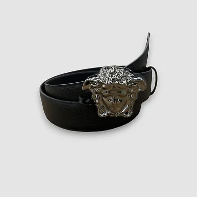 $476 Versace Men's Black La Medusa Buckle Adjustable Leather Belt Size 38in 95cm • $168.38