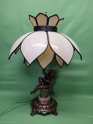 Vtg Antique Double Tulip 14 Panel Cream Slag Glass Cherub Lotus Lamp Marble • $249.99