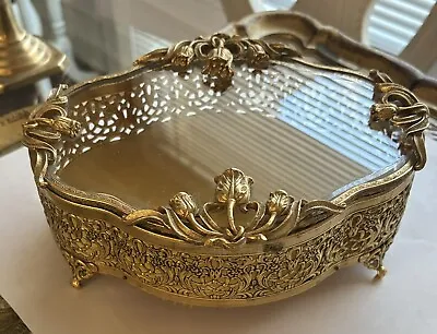 Vintage Hollywood Regency Filigree Footed Brass & Glass Jewelry Box • $125