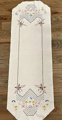 Vintage Table Runner Dresser White Scarf 16x47”butterfly Flowers Hand Stitched • $10.50