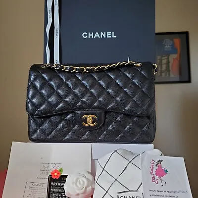 CHANEL Classic Black Caviar Gold Hw  Jumbo Double Flap Bag 16 • £5186.27